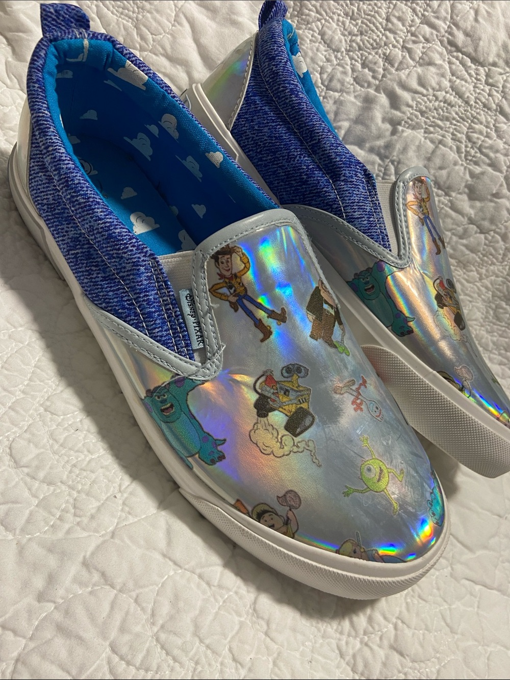 Disney pixar womens size 9 40.5 Holographic Silver Character Slip-On sneakers